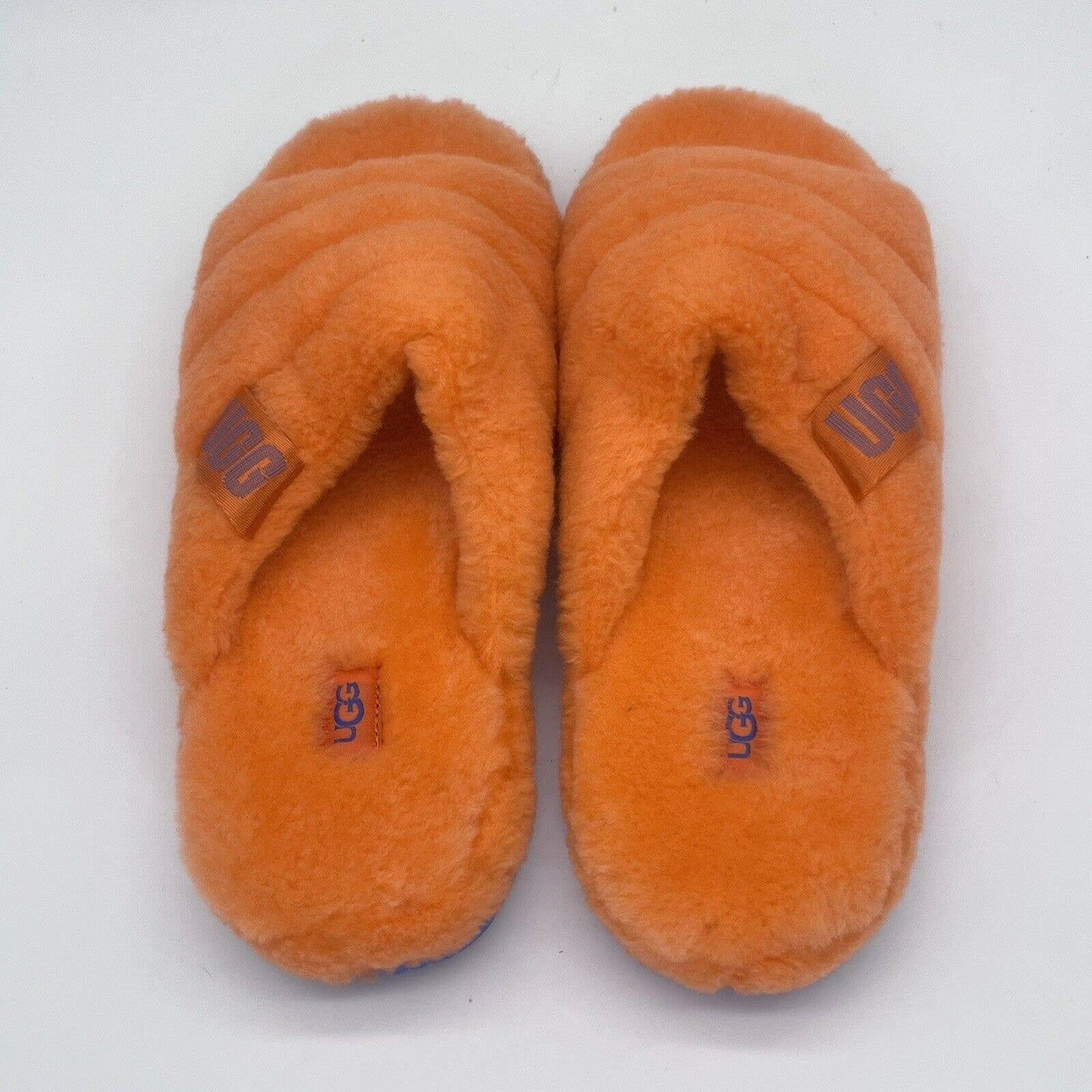 Size 12 - UGG Men's Soft Fluff You Slide Orange Blue Slip on Casual Slipper Shoe