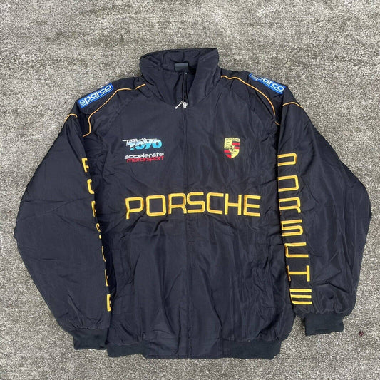 Vintage Porsche Windbreaker Jacket Mens Size XL Extra Large Black Embroidered